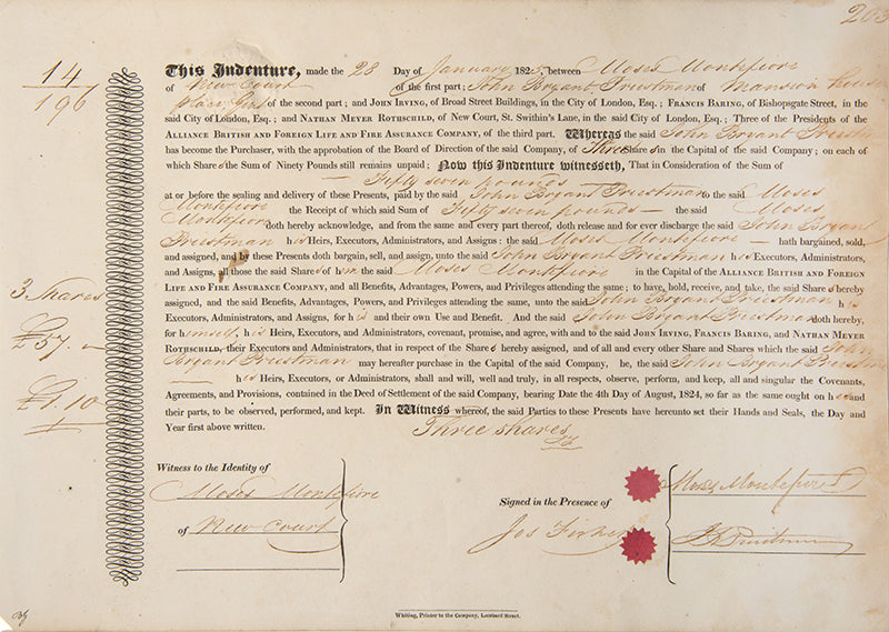 An original indenture signed by Sir Moses Montefiore, in which John Bryant Priestman purchased three shares of the capital in Alliance British Foreign Life Assurance for fifty seven pounds.