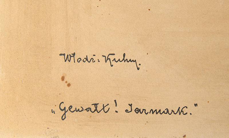 An original ink and watercolour drawing by Kuhn depicting a Jewish pedlar on his way to the market.