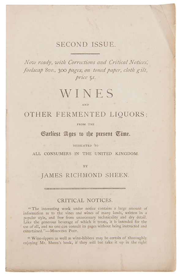 A lovely association copy of James Richmond Sheen's popular guide to Wines and Other Fermented Liquors