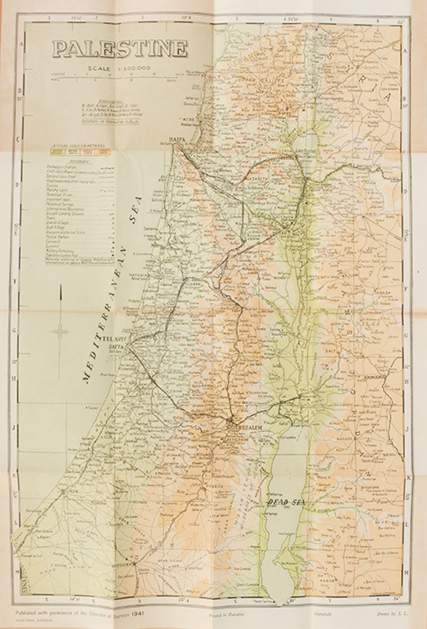 Scarce WWII-era colour physical map of Palestine, published by Steimatzky. Folding map in its original wrappers.