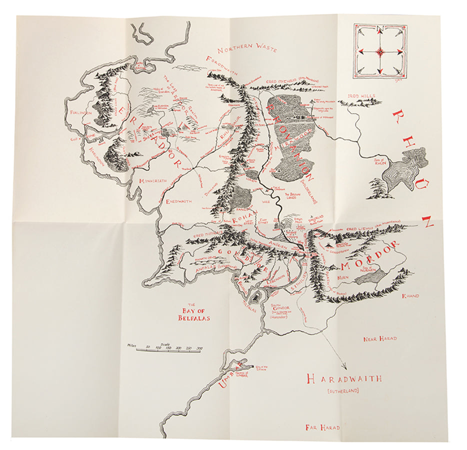 First edition, first impression of The Lord of the Rings by J.R.R. Tolkien who intended it to be a children's tale in the style of The Hobbit but it quickly grew darker and more serious in the writing