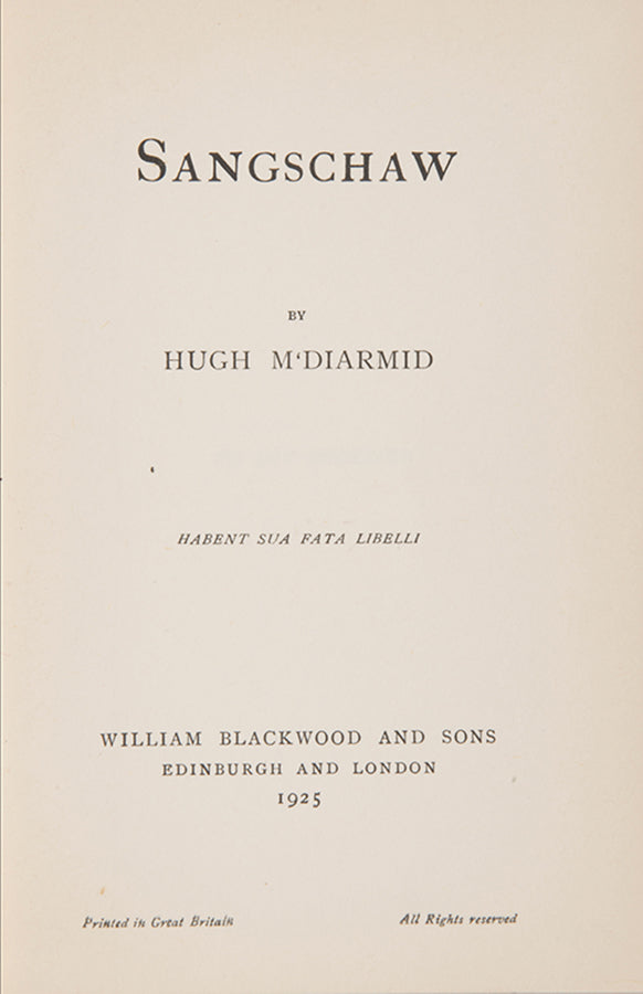 A charming copy of MacDiarmid's first poetry collection, written in his revived version of the Scots language. A foundational text of the early-20th-century Scottish Renaissance.