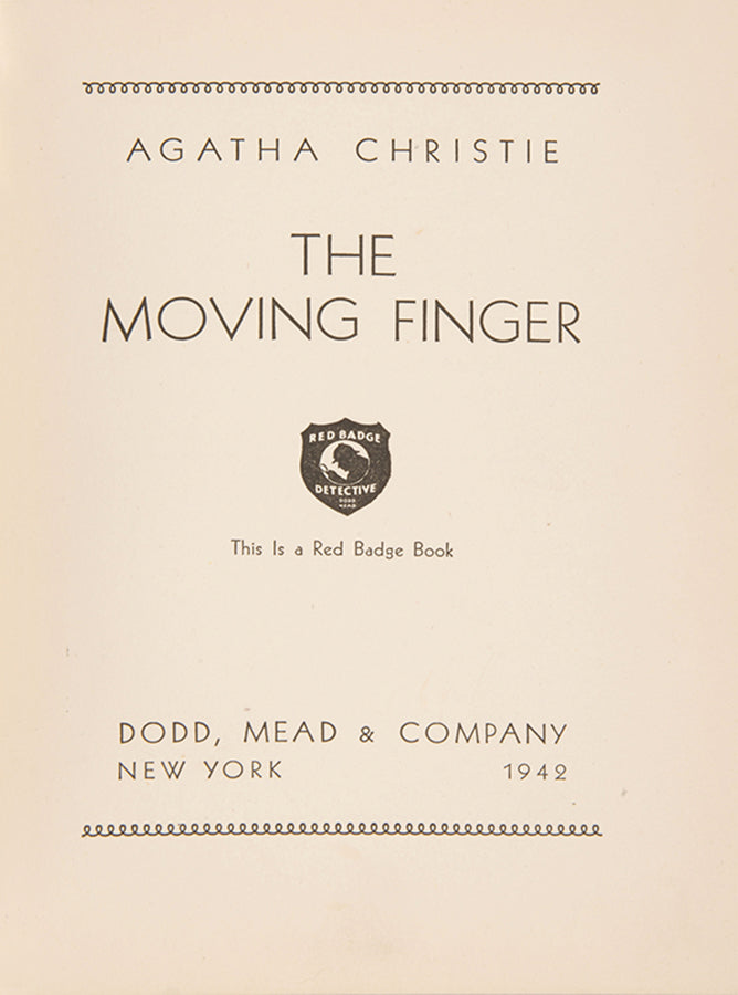 A true first edition of Christie's novel, The Moving Finger, featuring Miss Maple.