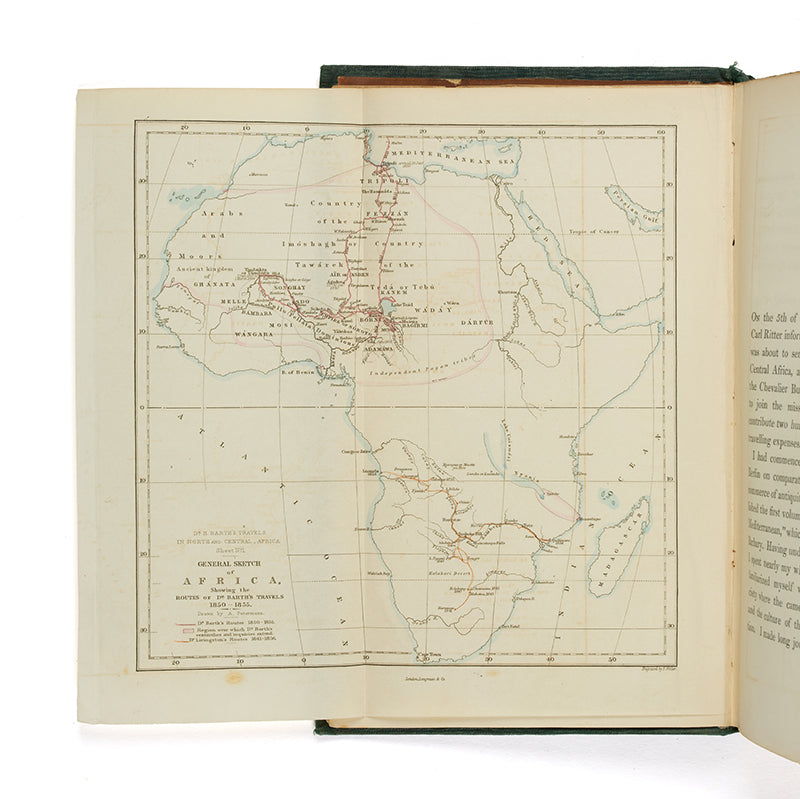 First edition of Travels and Discoveries in North and Central Africa by Henry Barth, rare to find in original cloth.