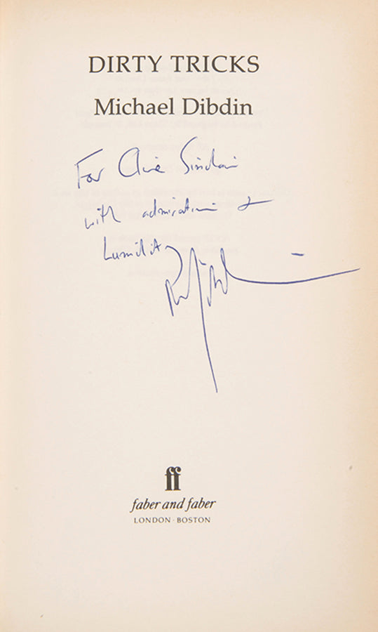 A first edition inscribed by the author, Micheal Dibdin, to fellow author, Clive Sinclair, in very good condition.