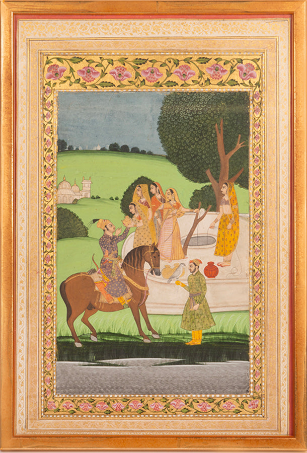 An indian miniature painting from Murshidabad of a prince and village girl at a well, 18th century.