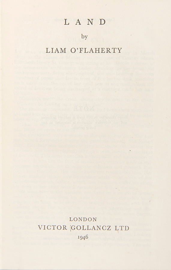 First edition of Land by Liam O'Flaherty, inscribed by the author.