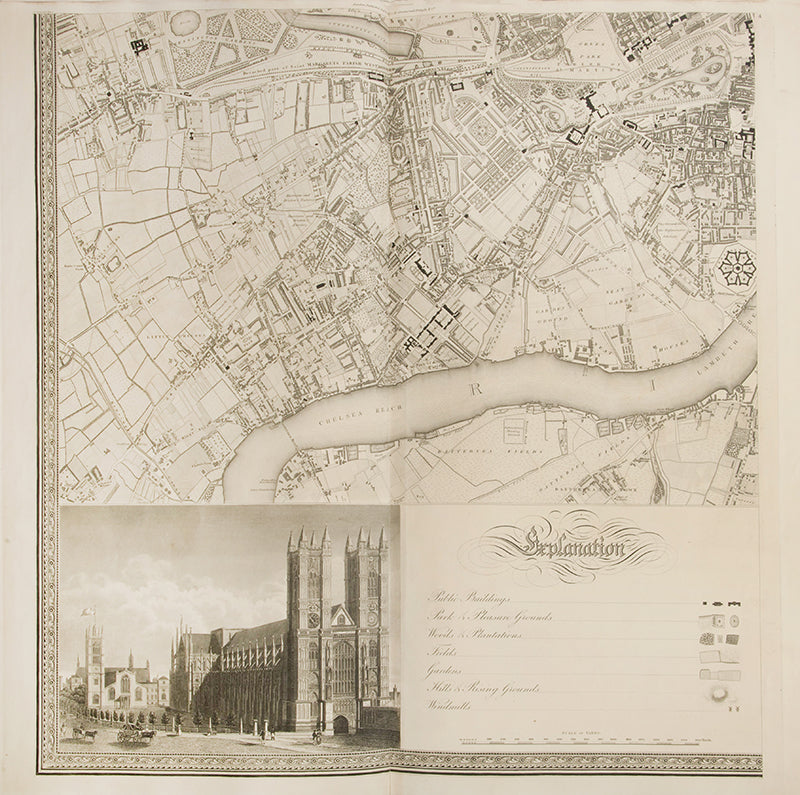 Uncoloured first edition, in the six original segments, of Cristopher Greenwood's landmark Map of London, beautifully engraved map by James and Josiah Neele.