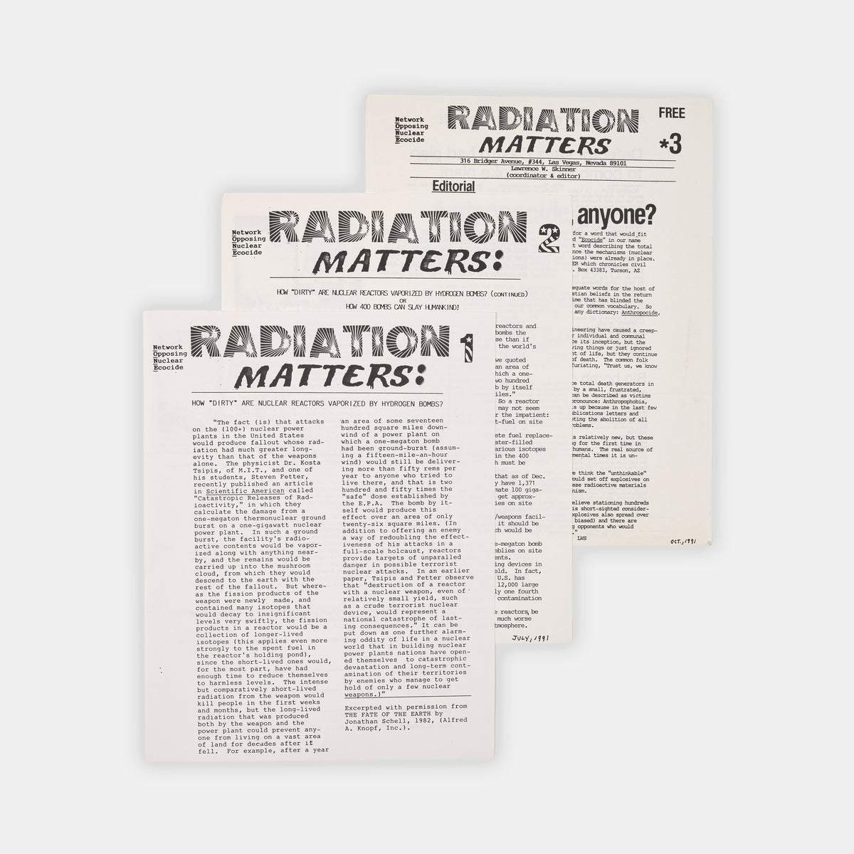 A rare an unusual set of three newsletters titled Radiation Matters, by the Network Opposing Nuclear Ecocide, edited by Lawrence Skinner in Las Vegas in 1991.