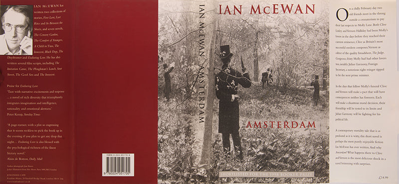 Fine first edition of the Booker Prize winning novel Amsterdam by Ian McEwan, a tale of euthanasia, cross-dressing, dubious journalism and murder