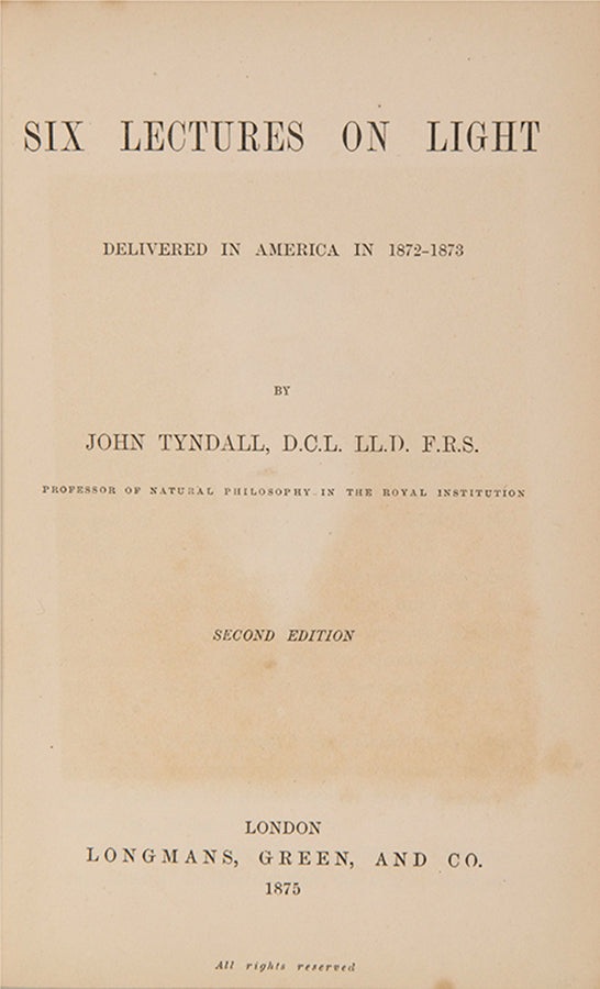 A handsomely bound second edition of physicist John Tyndall's Six Lectures on Light, published in 1875 and awarded as a prize by Christ's Hospital, London.