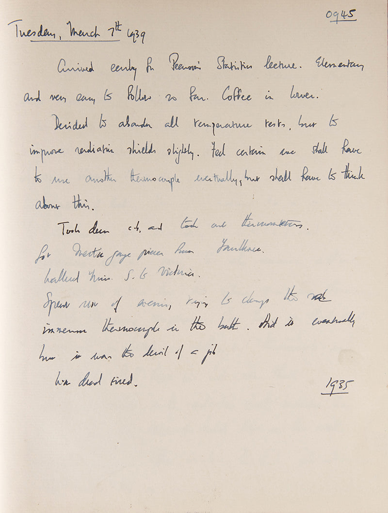 The substantial handwritten laboratory notebooks of Francis Crick, produced during his first PhD attempt in physics at University College London in 1938 and 1939.