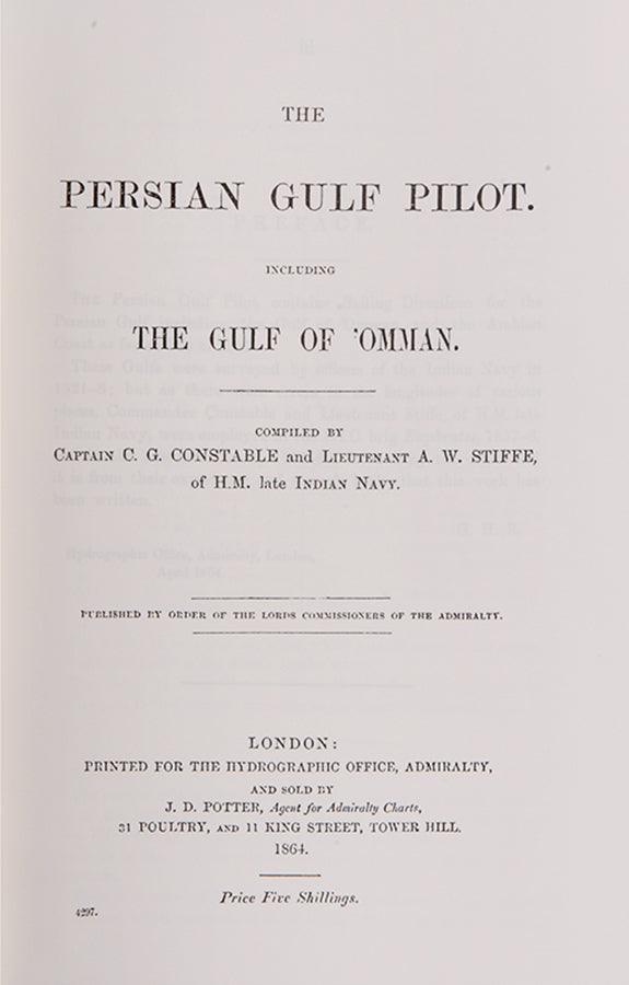 all eight Persian Gulf pilots published between 1870 to 1932. Invaluable not only for sailing directions but also for descriptions of the coast and its towns and villages and how they have grown over the period