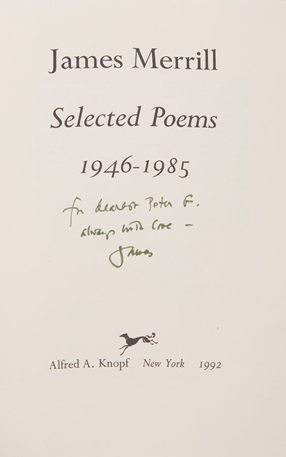 Fine copy of Selected Poems, 1946-1985, first edition, first printing, inscribed by author to his lover Peter Gillis
