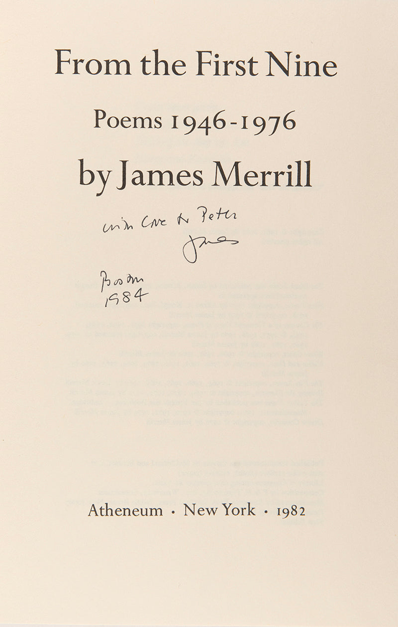 A very good copy of From the First Nine, a First edition, first printing copy inscribed by author Merrill to his lover Peter Gillis