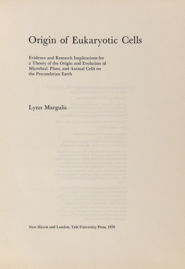 The first edition of Origin of Eukaryotic Cells, Lynn Margulis's major monograph on her groundbreaking theory of endosymbiosis, scarce in the dust jacket.
