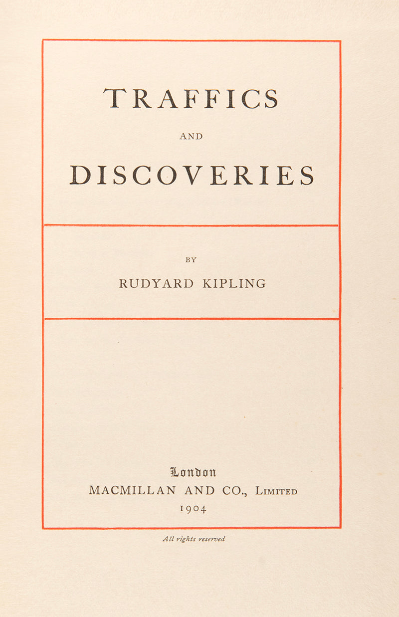 First edition copy of Rudyard Kipling's Traffics and Discoveries a collection of short stories in the publisher's original red cloth with a gilt-blocked medallion to upper panel