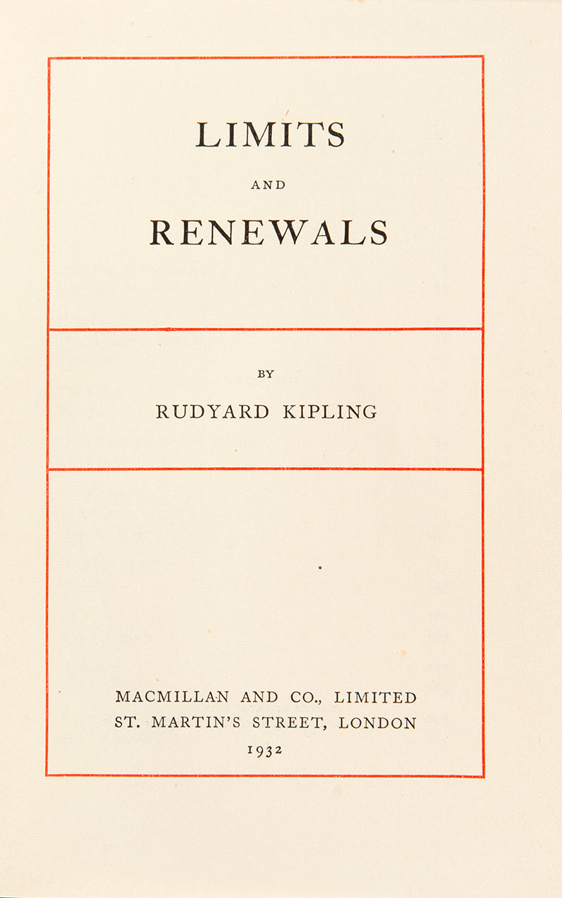 Rudyard Kipling's Limits and Renewals publisher's original red cloth with elephant gilt medallion to upper panel First edition in near fine condition