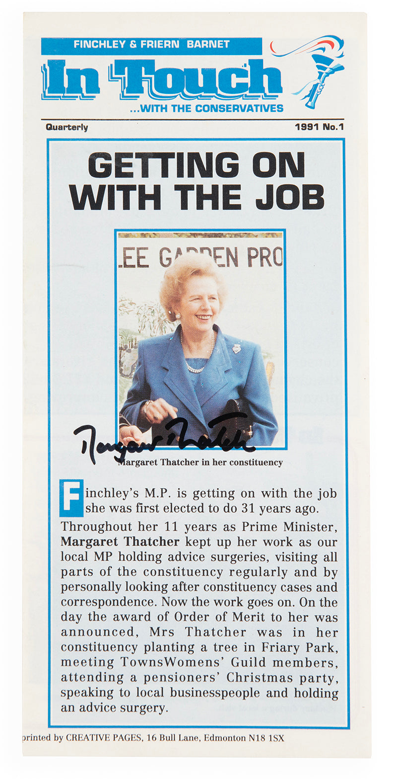 two items of ephemera, a pamphlet and envelope, signed by margaret thatcher towards the latter half of her career as prime minister