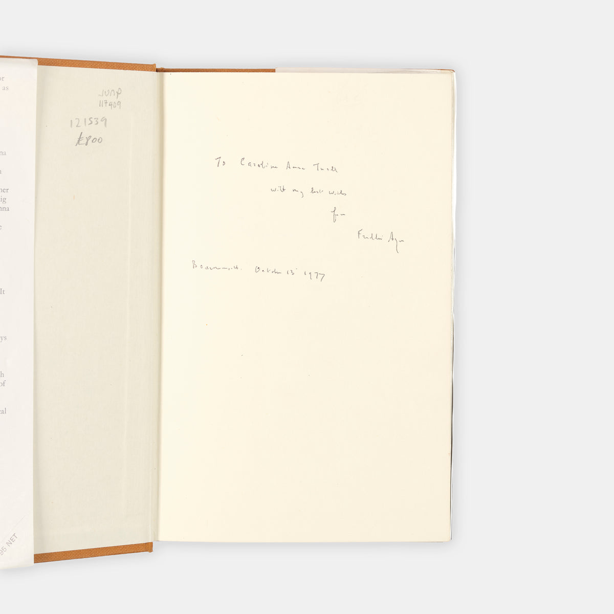 The first edition of Freddie Ayer's Part of My Life, inscribed by him in pen to the front free endpaper