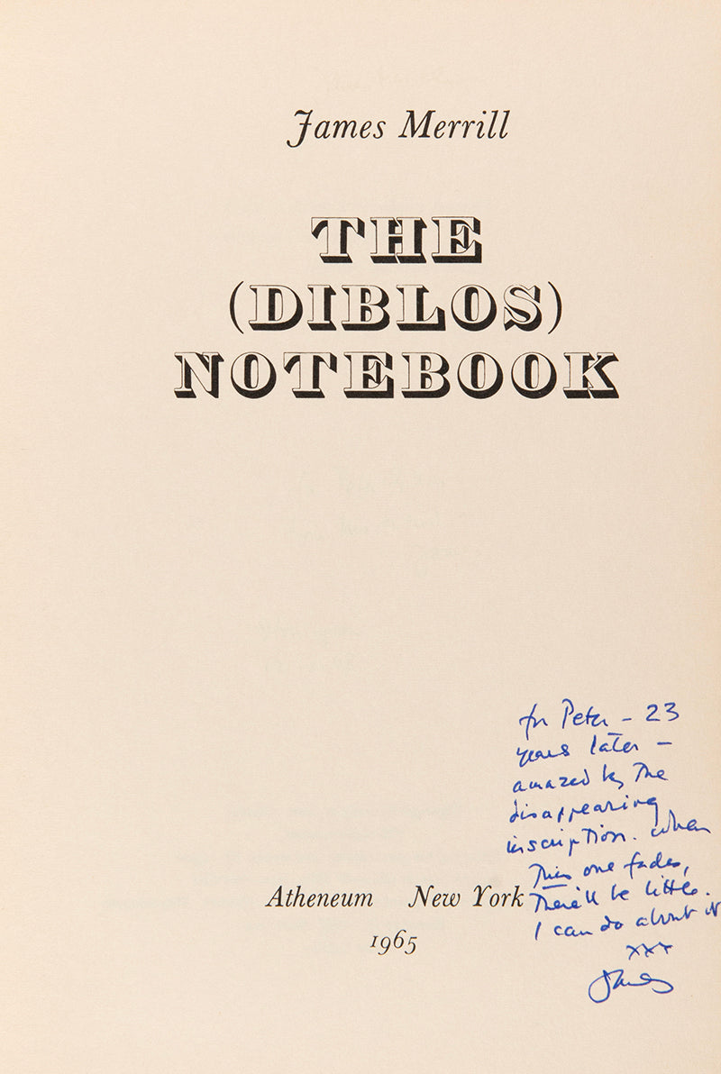 Very good copy of The Diblos notebook, inscribed by author James Merrill to his lover Peter Gillis on title page