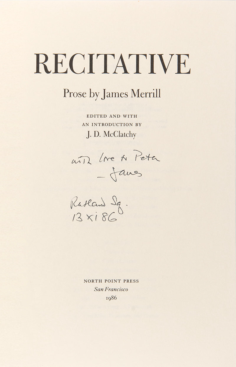Fine copy of Recitative, by James Merrill, First edition, first printing copy, inscribed by author