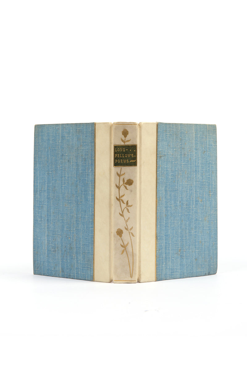 henry longfellow, canterbury poets series, duodecimo, quarter vellum, art-nouveau style binding, gilt decoration to spine, blue cloth boards