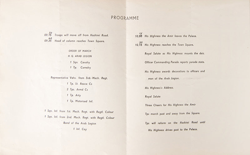 A rare photographic record of the parade given by the Arab Legion on the independence day of Trans-Jordan before Emir Abdullah I and Prime Minister Ibrahim Pasha in 1945.