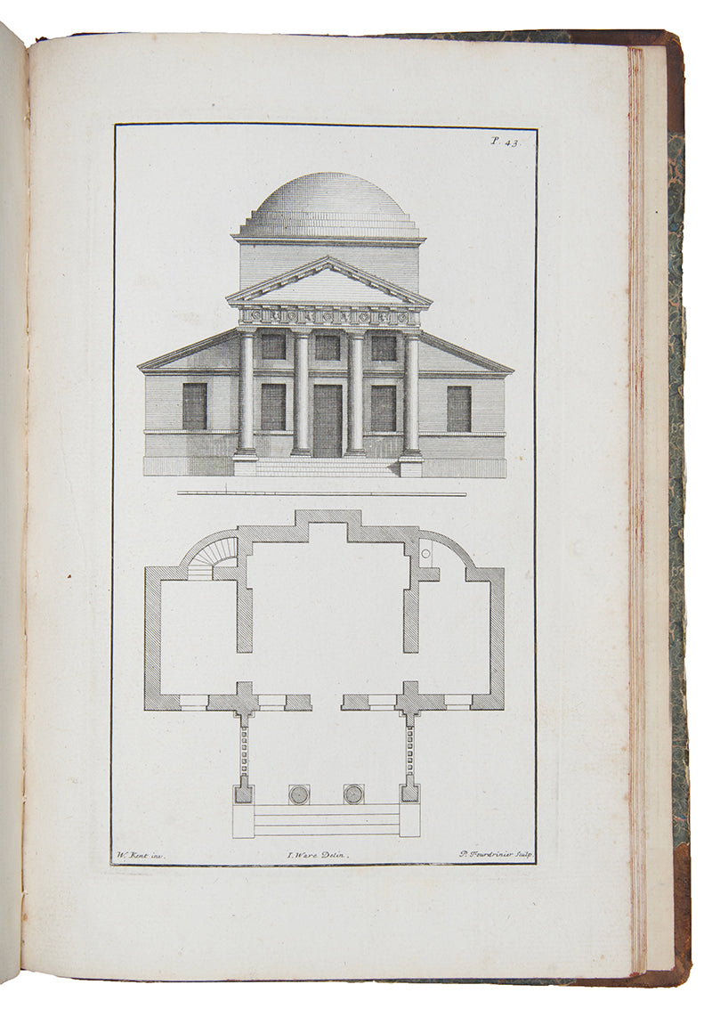 The first edition of Isaac Ware's continuation to William Kent's Designs of Inigo Jones, illustrated with 53 engraved plates, including 5 double-page designs