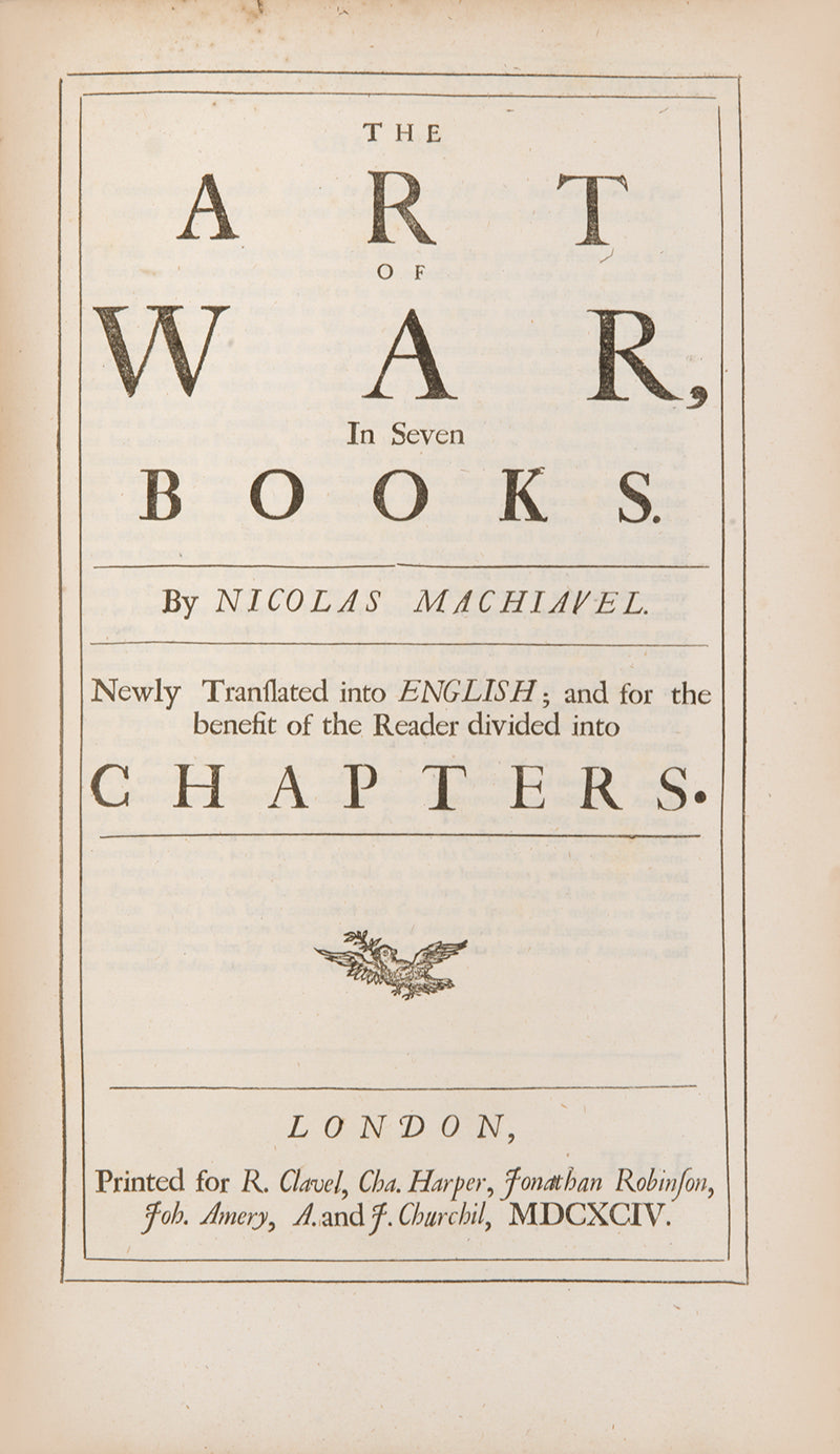 A handsome copy of the collected works of Nicholas Machiavelli in English translation, including The Prince and Discourses on Livy