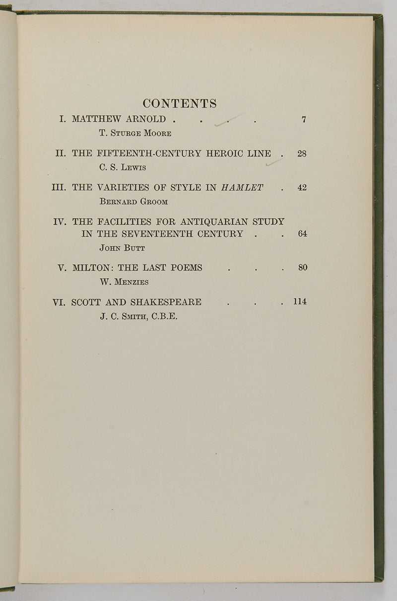 A scarce collection of essays and studies by members of the English Association featuring the Fifteenth Century Heroic Line by C.S. Lewis