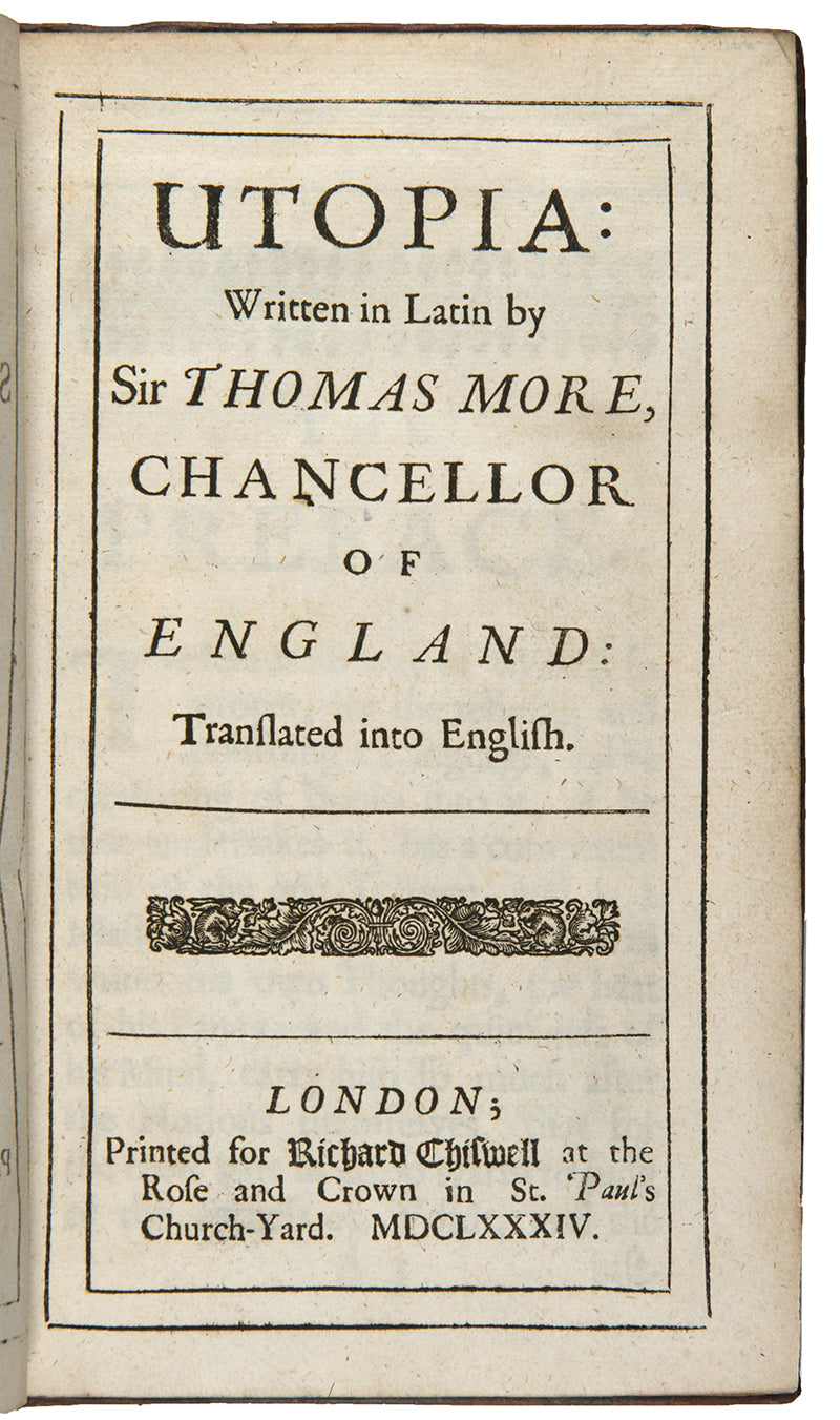 A strong impression in contemporary mottled calf of the first edition of Gilbert Burnet's English-langauge translation of Thomas More's Utopia