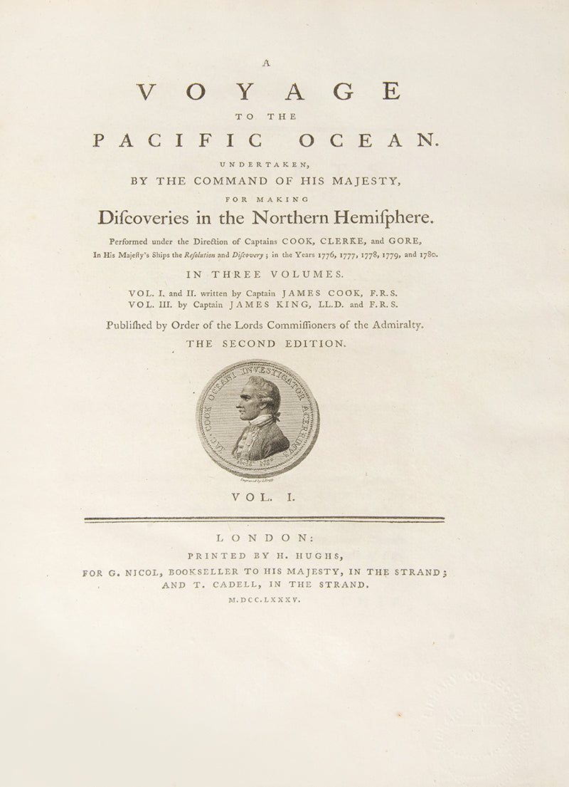 Cook's third voyage, A Voyage to the Pacific Ocean, with the atlas and 63 engravings and charts, one of the most important English books published in the last quarter of the eighteenth century.