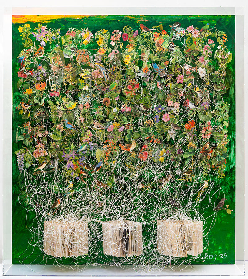 A cut book construction with acrylic paint by Jack Milroy, titled Climbing Plants.