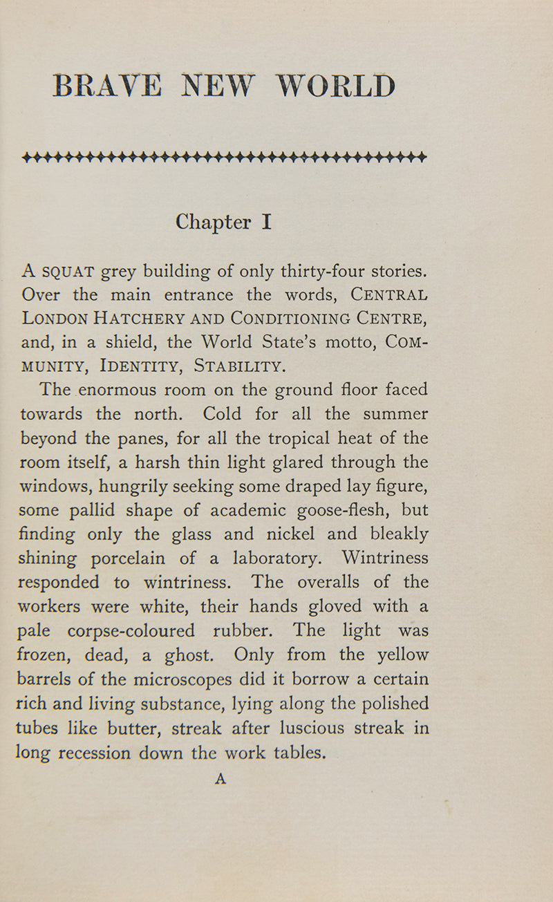 A very good first edition example of Aldous Huxley's Brave New World, a groundbreaking and chilling dystopian classic, in a modern fine-binding by Bayntun Riviere.