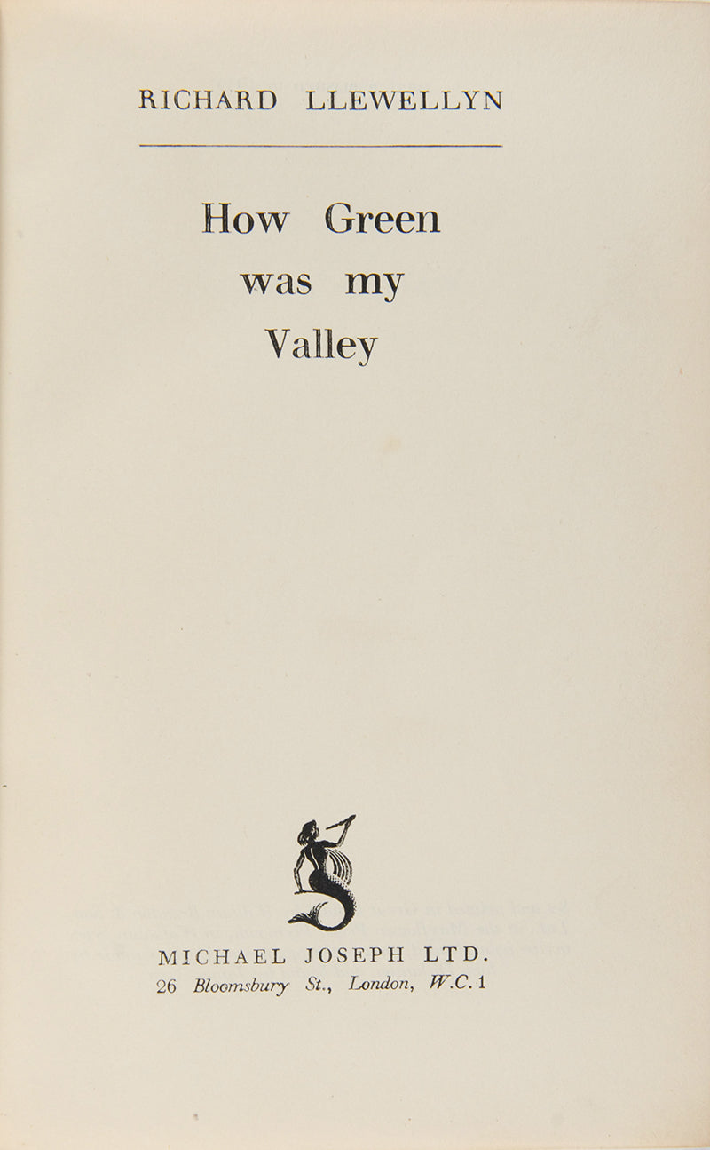 A first edition of Richard Llewellyn's novel, How Green Was My Valley, which follows the life of a Welsh family in a small mining town.