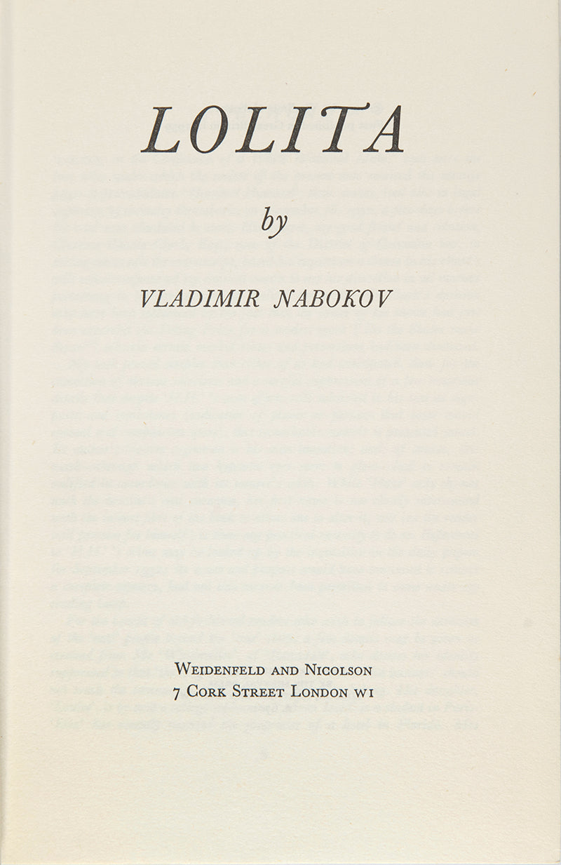 A lovely example of the first UK edition, first impression of Vladimir Nabokov's controversial novel, Lolita