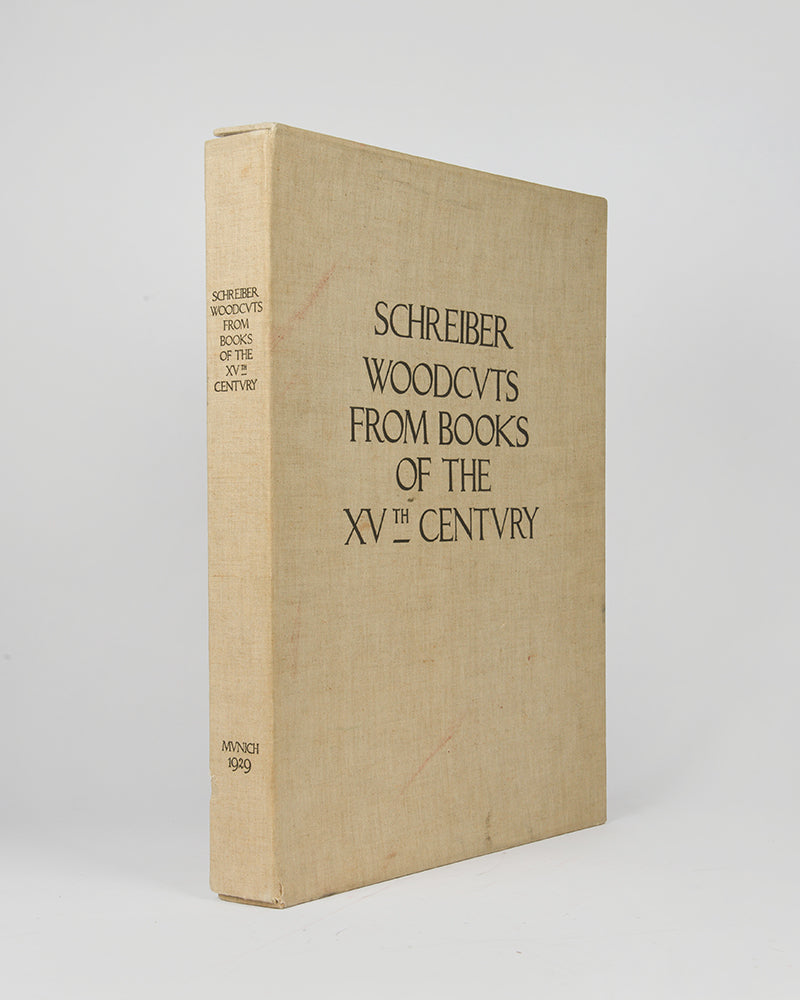 One of the rarest and most desirable plate books of the early 20th century, W.L. Schreiber's Woodcuts from Books of the 15th Century houses 55 incunable leaves, all with woodcut illustrations, and including 20 leaves in hand colour.