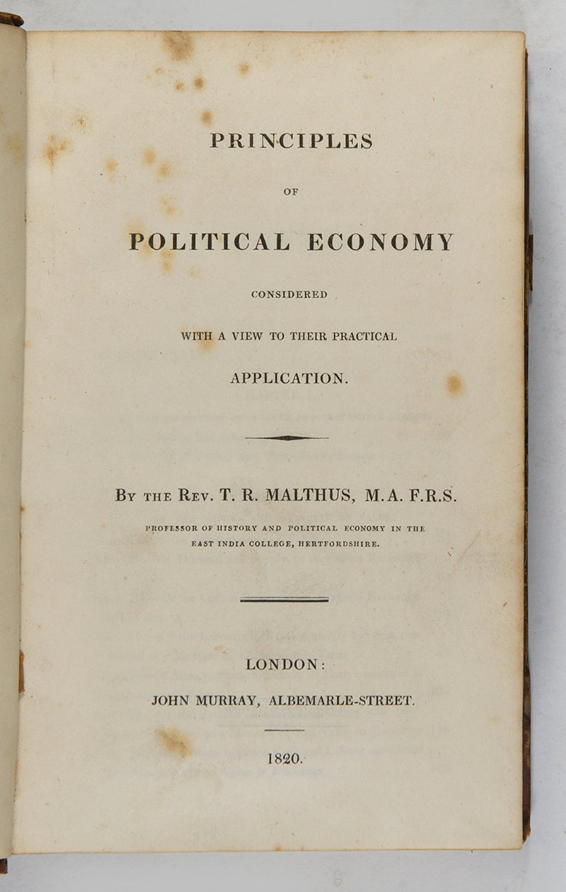 The first edition of Malthus's Principles of Political Economy in contemporary half calf and marbled boards