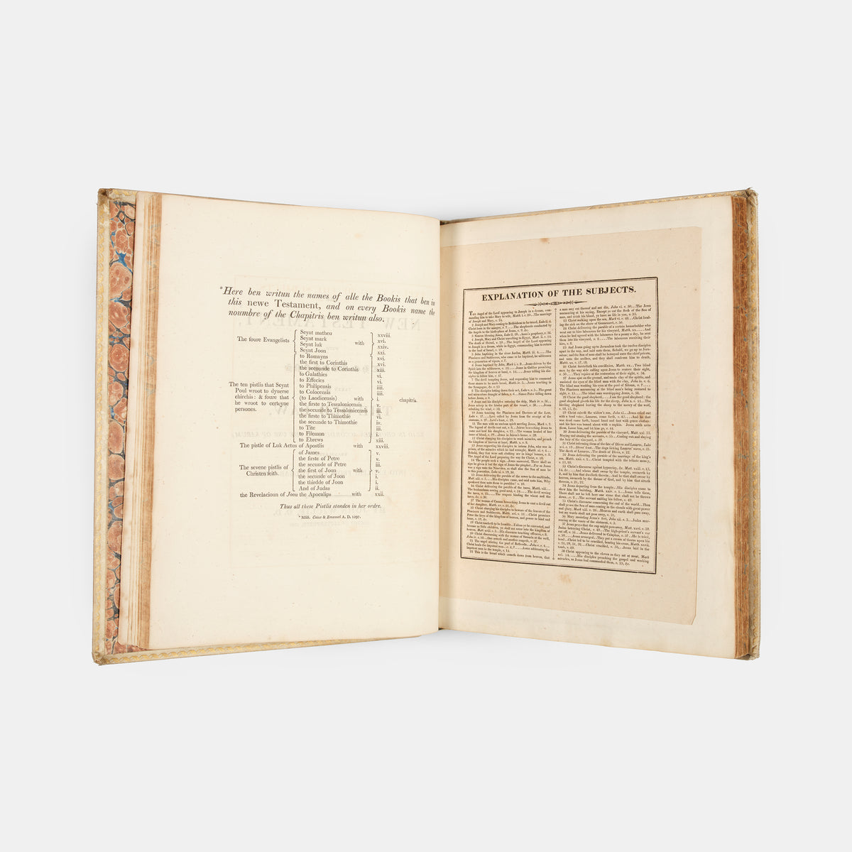 An excellent example of the second printing of Wycliffe's New Testament, extra illustrated with 38 woodcut from the Biblia Pauperum printedin 1877 from the original woodblock