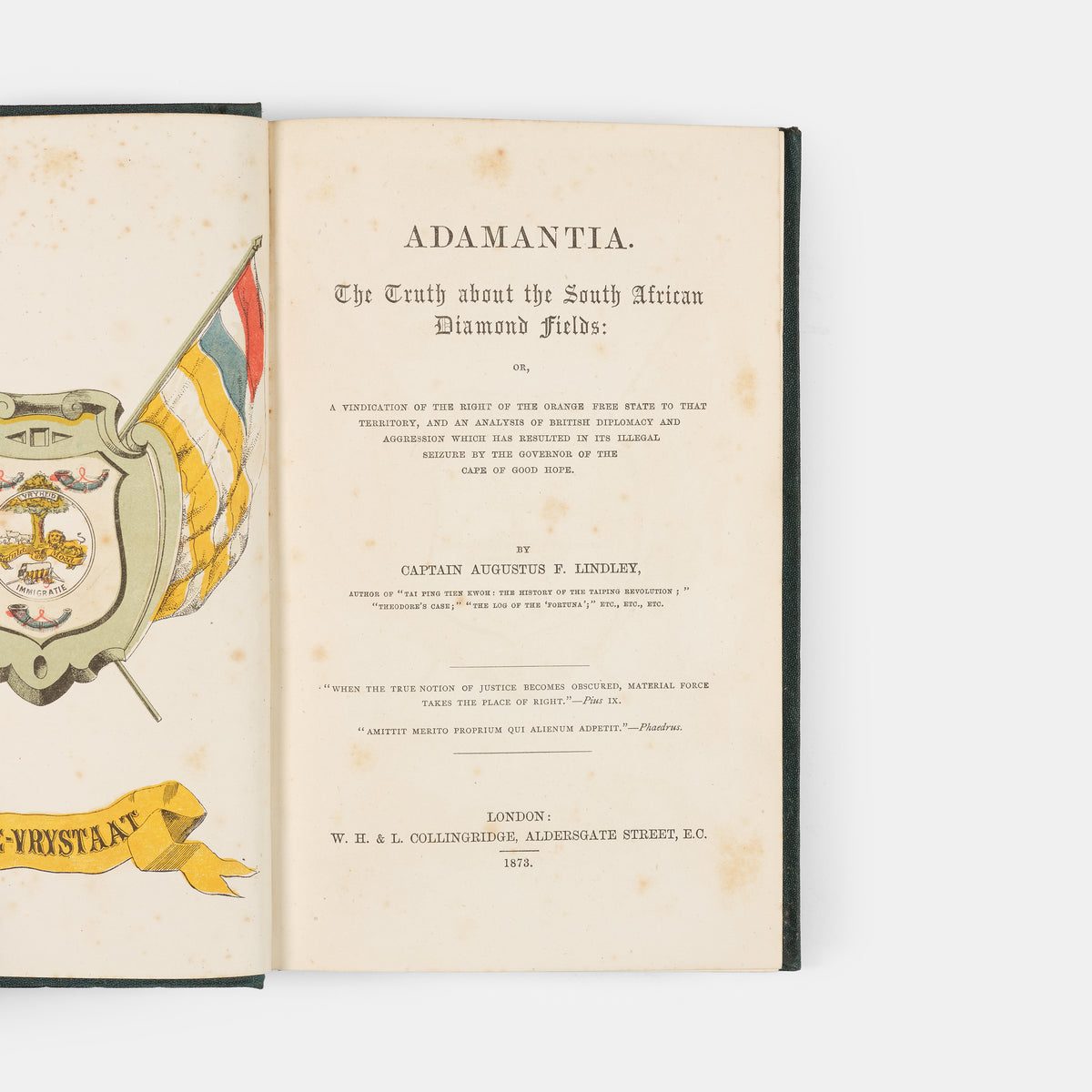 First edition of Adamantia by Augustus Lindley, examining the discovery of diamonds in the Orange Free State of Southern Africa in 1870.