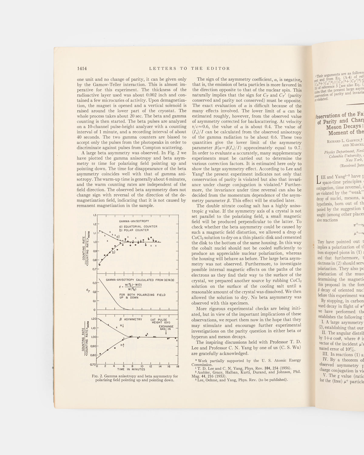 First edition, the journal issue of one of the most important experiments in the history of science, Chien-Shiung Wu's Experimental Test of Partiy Conservation in Beta Decay.