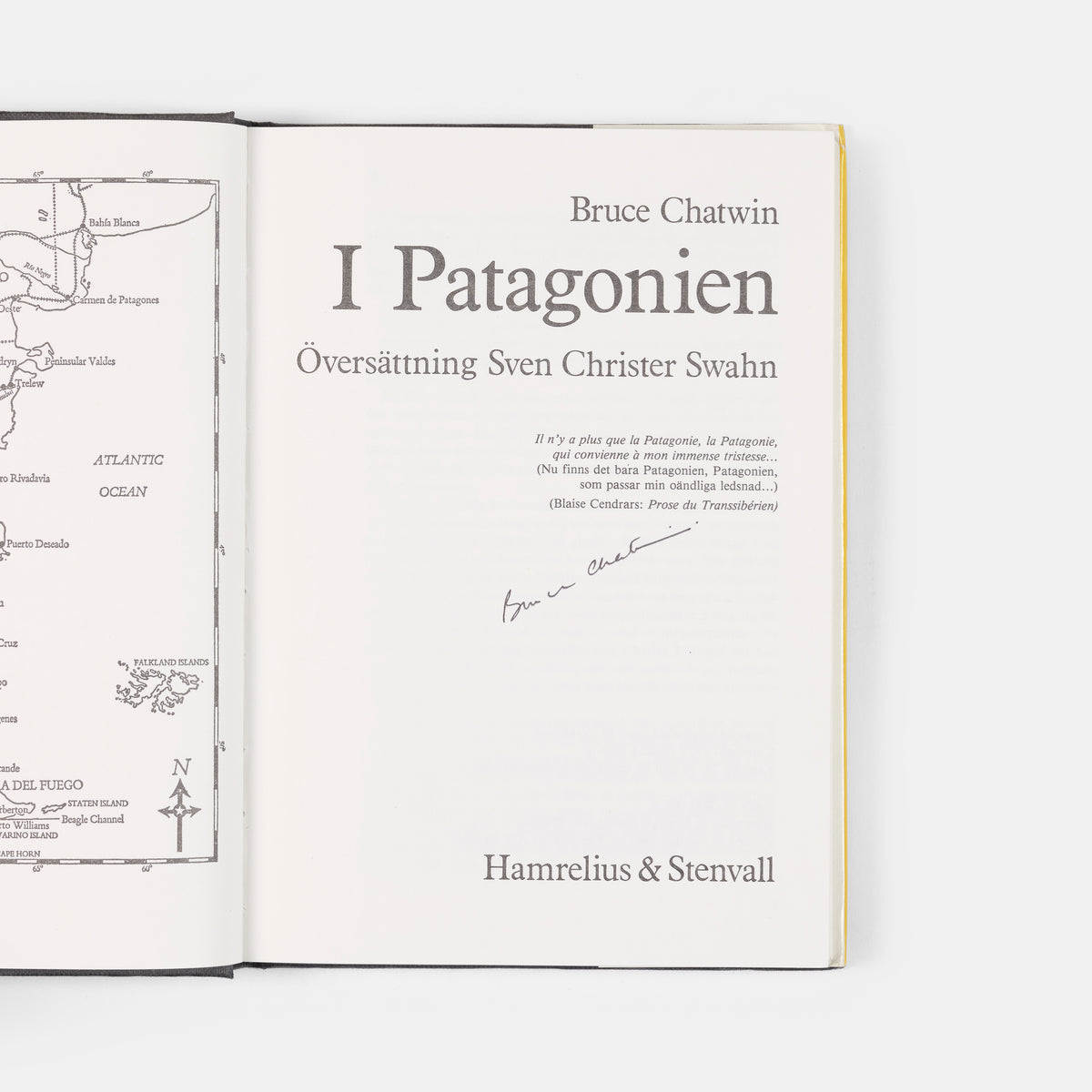 First Swedish edition of Bruce Chatwin's <em>I Patagonien</em>, signed by the author.