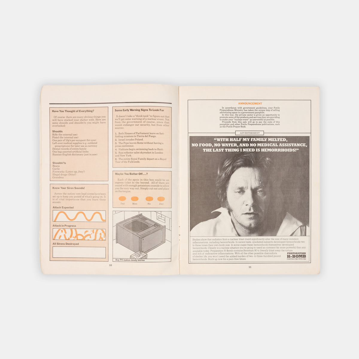 Uncommon first editions of the UK's famous <em>Protect and Survive</em> civil defense pamphlet, its companion volume, <em>Domestic Nuclear Shelters</em>, and the parody <em>Meet Mr. Bomb.</em>