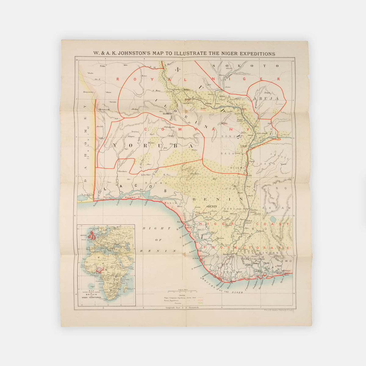 Rare map showing the expeditions of the Royal l Niger Company, one of whose aims was the suppression of the slave trade, and the Benin Expedition