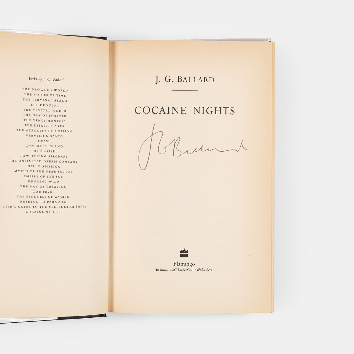 First edition of Cocaine Nights by J.G. Ballard, signed by the author.