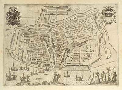 A wonderfully detailed "birds-eye" view of Emuda, in German Emden, the capital of East Frisia. Taken from the famous work "Civitates Orbis Terrarum".