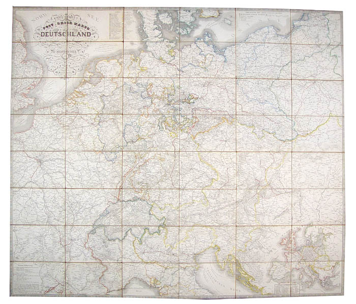 Engraved map, hand-coloured outline. From London to Warsaw and Copenhagan to Florence.