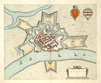 View of Grave from Joan Blaeu's town book of the Netherlands, first published one year after the Spanish acknowledgement of the Dutch Republic.