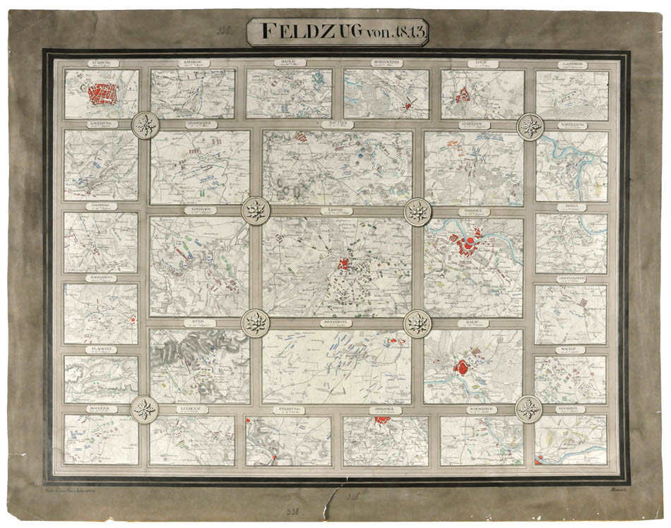 Fine manuscript plans showing all 29 of the battles waged by Napoleon during 1813. Most notably Kalzbach, Klum, Dresden, Liebtwolkwitz and Leipzig.